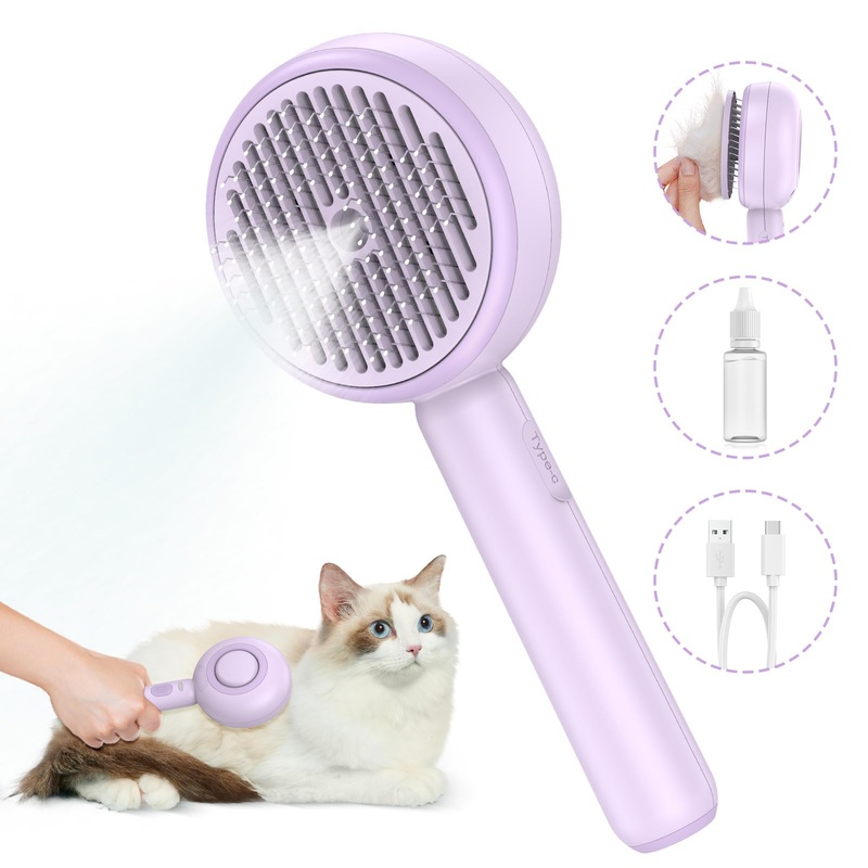 3 In 1 Steam Cat Brush with Release Button and Tank, Cat Brush for De-shedding that Effectively Remove Knots and Loose Hair, for Long and Short Hair Dogs and Cats