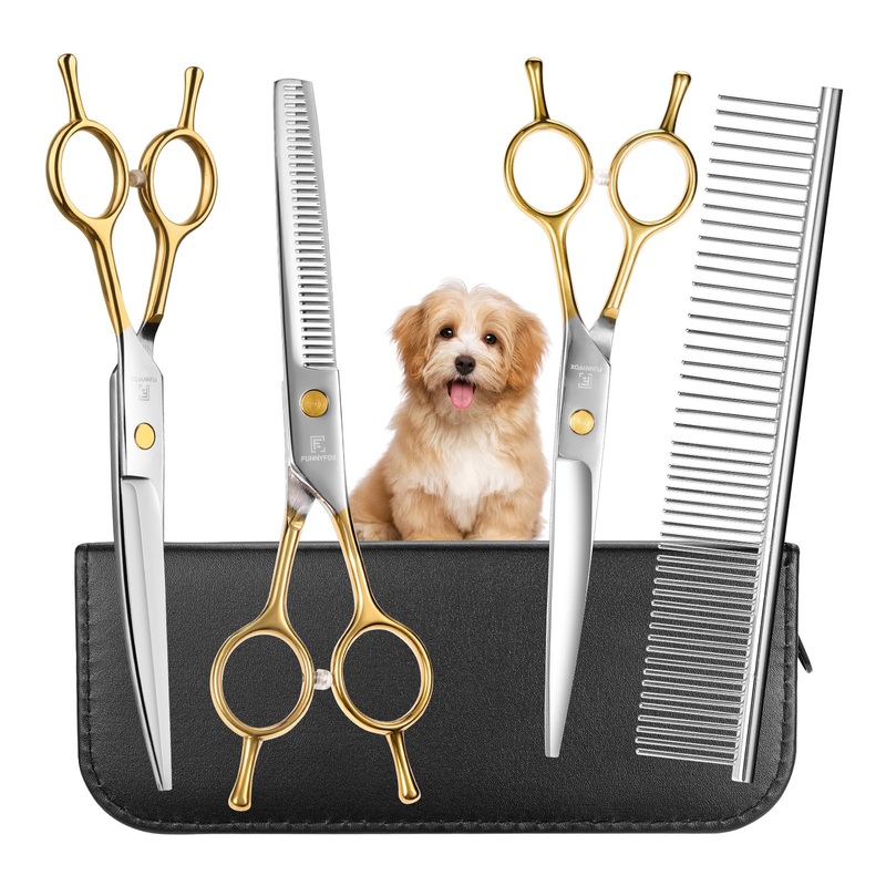 6 in 1 Dog Grooming Scissors Set – Durable Stainless Steel Golden Dog Grooming Shears Curved, Thinning & Straight – Poodle Grooming Kit Dog Groomer Gifts with Safe Tips for Home DIY/Professional Use