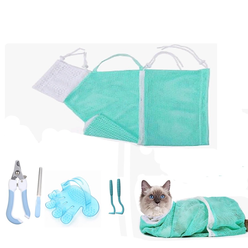 6 Pieces Cat Bathing/Grooming Bag, Adjustable Cat Shower Net Bag and Pet Nail Clippers, Nail File, Grooming Gloves, Tick ToolPet Dog and Cat Nail Trimming Check.