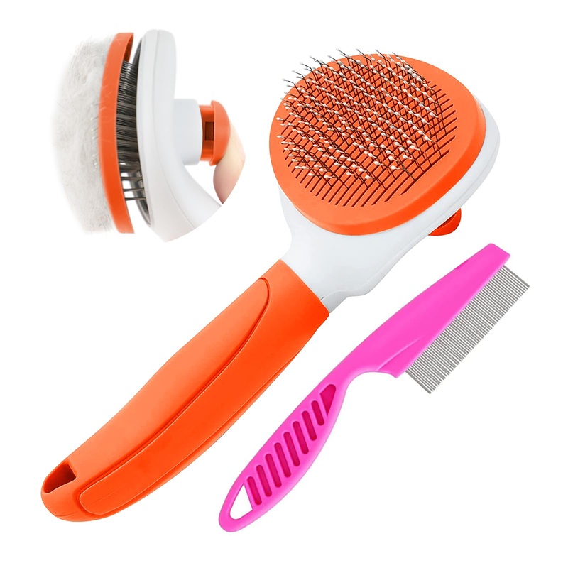 Cat Brush for Shedding and Grooming, Pet Self Cleaning Slicker Brush with Cat Hair Comb(Orange) Orange