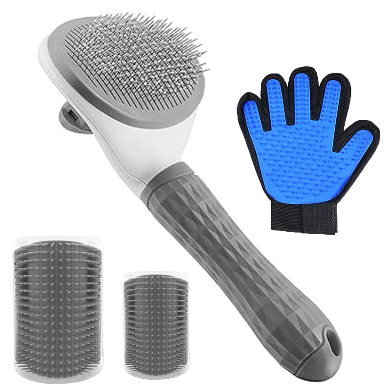 Cat Grooming Kit 4PCS, Self-cleaning Grooming Brush for Cats and Dogs,Wall Corner Massage Brush with Catnip for Indoor Pets, Cat Grooming Gloves Brushes for Removing Loose Undercoat and Hair
