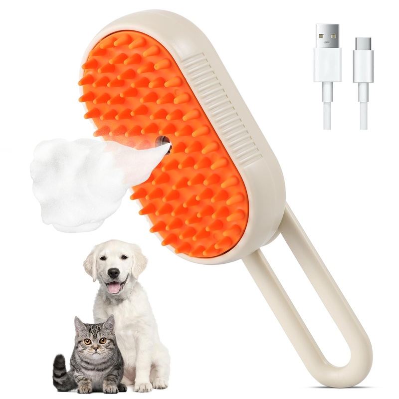 Cat Steam Brush, 3 in 1 Self Cleaning Steamy, Spray Silicone Massage Comb, Hair Removal Tool with Handle Multifunctional Grooming Brush for Dogs Orange