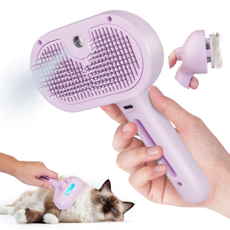 Cat Steam Brush, 3 In 1 Steamy Pet Brush with Release Button and Tank, Anti-Static Cat Comb for Effective Hair Removal, Rechargeable Steam Horse Comb for Furry Pet (Purple)
