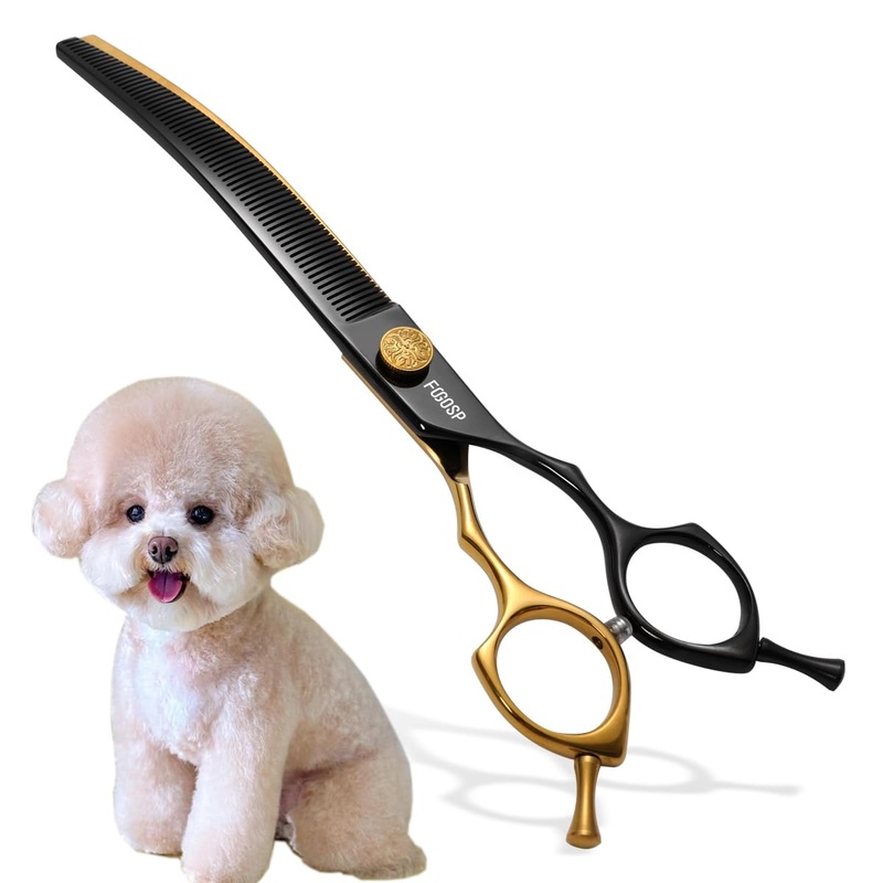 Curved Thinning Shears Dog Grooming 7.5 in Black & Gold Two Color Multipurpose Professional Dog Grooming Scissors for Large Pet 66 Teeth Japan 440C 7.5″ Curved Thinners