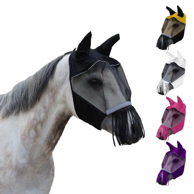 Derby Originals Reflective Safety Horse Fly Mask with Ears and Nose Cover Fringes Full Horse (Large) Black
