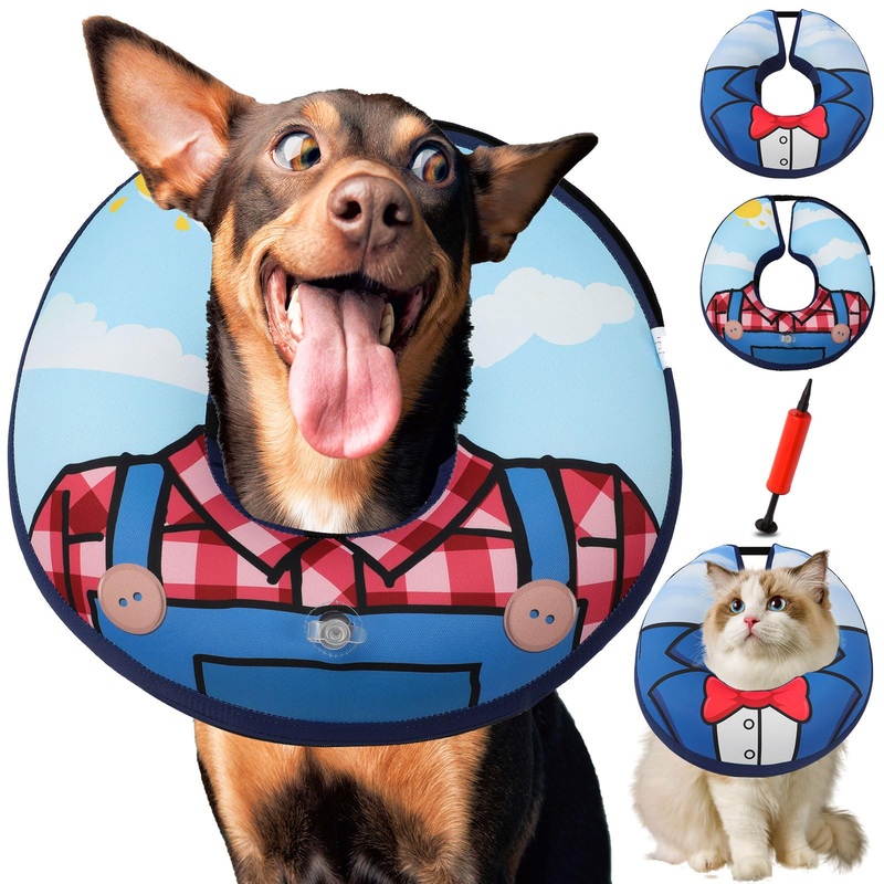 Dog Cone Collar, Adjustable Soft Dog Cone,Comfy Inflatable Dog Collars for After Surgery,Alternative to Cone of Shame,Dual-Sided Pattern Donut Collar for Small Medium Large Dogs,Not Block VisionL Blue L(Neck: 13″-17″)