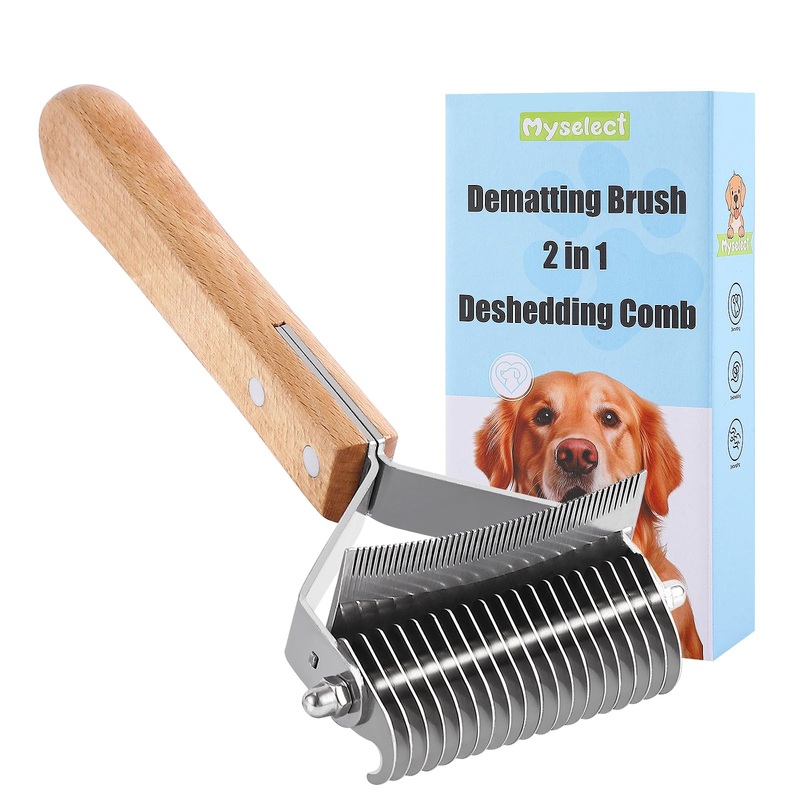 Dog Grooming Brush for Shedding, 2 in 1 Undercoat Rake and Dematting Comb for Double coated and Longer Haired Dogs/Cats, Deshedding Tool and Dog Hair Deshedder Rake, Reduce Shedding by 95% (Large) Wood