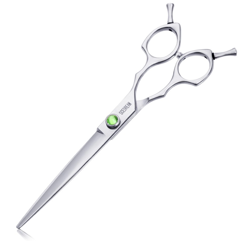 Dog Grooming Scissors 7.4″ Professional Straight Dog Grooming Scissors, 440C Stainless Steel Grooming Scissors, Ergonomic Pet Grooming Shears with Offset Handle and Jewelled Screw Green