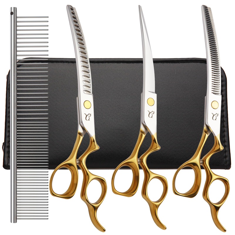 Dog Grooming Scissors,Curved Dog Grooming Scissors with Safety Round Tips, Sharp and Comfortable 4 in 1 Dog Scissors for Grooming