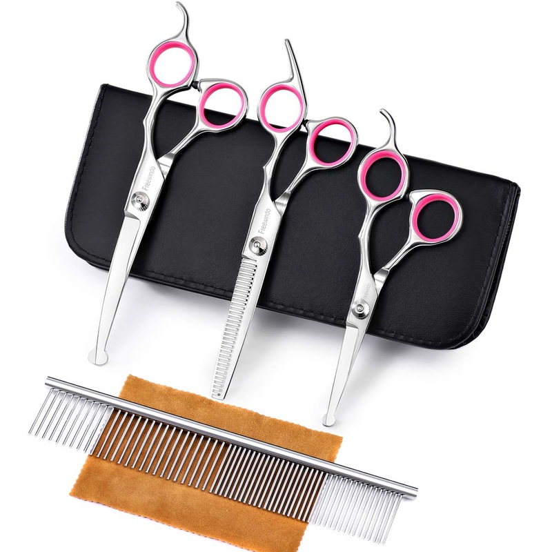 Dog Grooming Scissors Kit with Safety Round Tip, Heavy Duty Stainless Steel Dog Scissors Set Include Straight Scissors, Curved Scissors, Thinning Shears and Comb for Dog Cat Hair Care