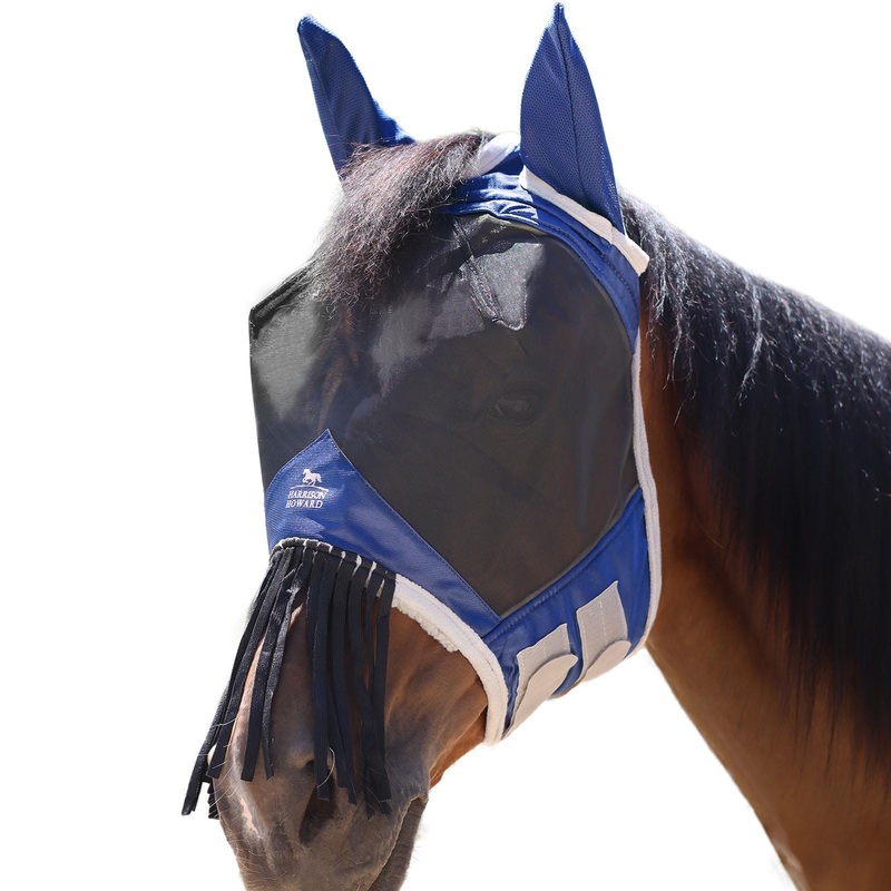 Harrison Howard CareMaster Horse Fly mask with Ears and Nose Fringe Fly Protector Defender Mask Navy M Cob Cob (Medium)