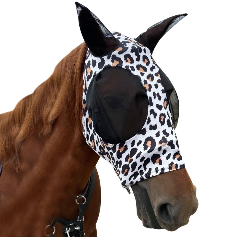 Horse Fly Mask with Ears – Equine Fly Mask for Horses with Sunlight Protection, Large Eye Space with Breathable Elastic Fabric, Funny Horse Mask Suitable for Average Size Horses Leopard Print Medium