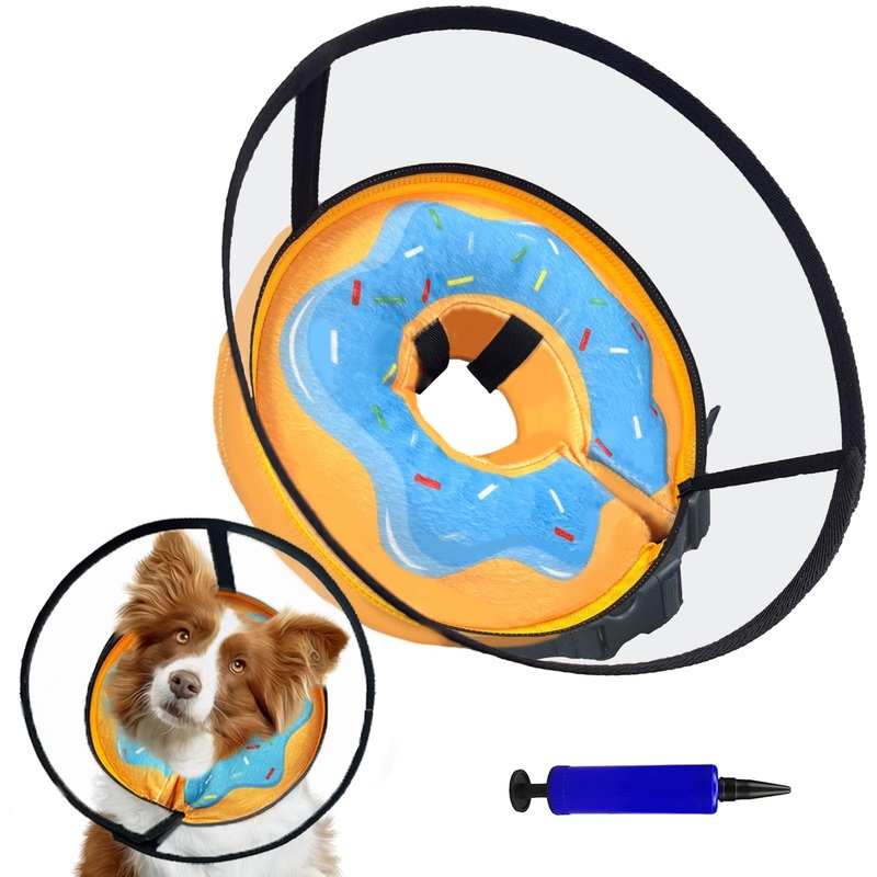 Inflatable Dog Cone, Soft Dog Cone Collar After Surgery for M L XL Dogs, with Detachable Anti Licking Shield and Inflator, 2 in 1 Adjustable Alternative, Does Not Block Vision, L Donut L(16.9″-19.7″)