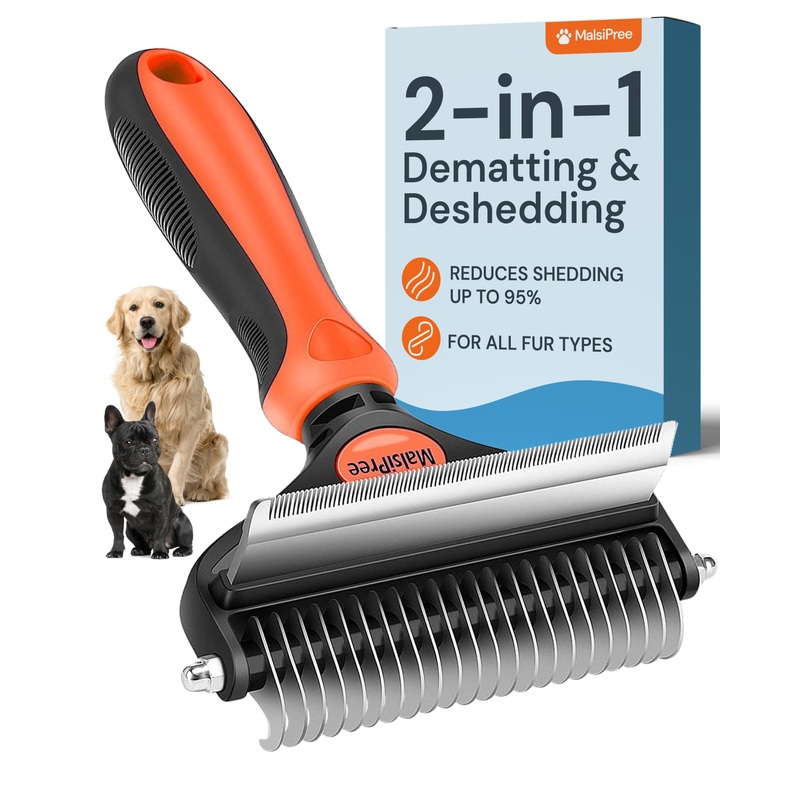 MalsiPree Dog Grooming Brush – 2 in 1 Deshedding Tool & Undercoat Rake for Long & Short-Haired Pets – Dematting Comb & Hair Deshedder Supplies (Large, Orange) for Shedding