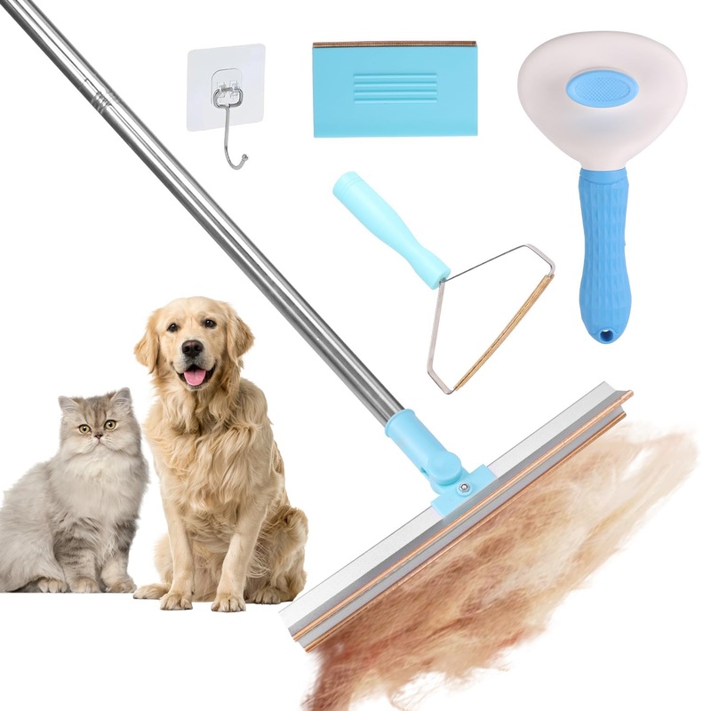 Pet Hair Removal, 4 Pcs Carpet Hair Removal Tool with 55″ Adjustable Handle, Pet Grooming Brush, Lint Remover & Scraper  Effective Pet Hair Carpet Rake for Rugs, Couch & Clothes
