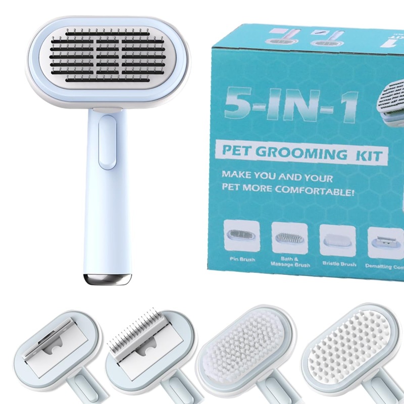 Professional 5 in 1 pet grooming kit, interchangeable bath & massage pet brush, dematting & deshedding comb for dogs, bristle dog brush and pin brush, dog and cat grooming supplies