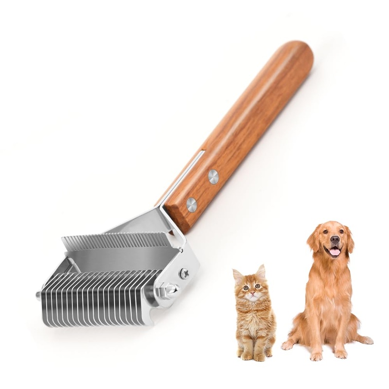 WePet 2-in-1 Dematting Comb & Shedding Brush, Undercoat Rake Grooming Tool with Wooden Handle for Dogs & Cats – Easily Removes Mats, Tangles, and Loose Hair