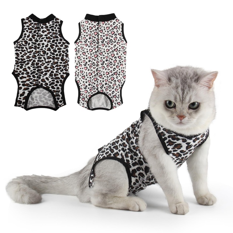 2 Packs Cat Surgery Recovery Suit Surgical Clothes Abdominal Wounds Anti-Licking Cat Bodysuit Onesie Substitute E-Collar& Cone Medium Leopard + Pink Love Leopard