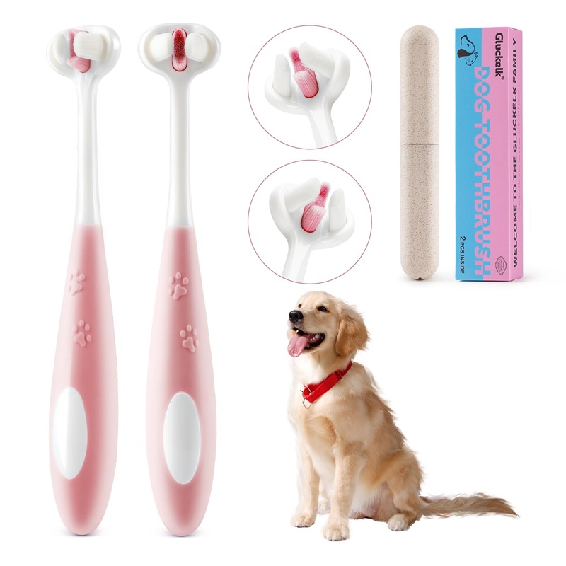 2 Pcs 3-Sided Dog Toothbrush, Puppy Toothbrushes, Ultra Soft Nano Bristles, Suitable for Teeth with Sensitive Gums, Pet Dental Care Oral Hygiene, for Small and Medium Dogs Pink