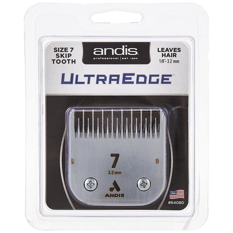 Andis  64080, Ultra Edge Dog Clipper Blade  Made From High-Carbon Steel With Extended Edge Life, Includes Size-7 Skip Tooth, Harder Cutting Surface With Sharp Edge – 1/8-Inch Cut Length, Chrome