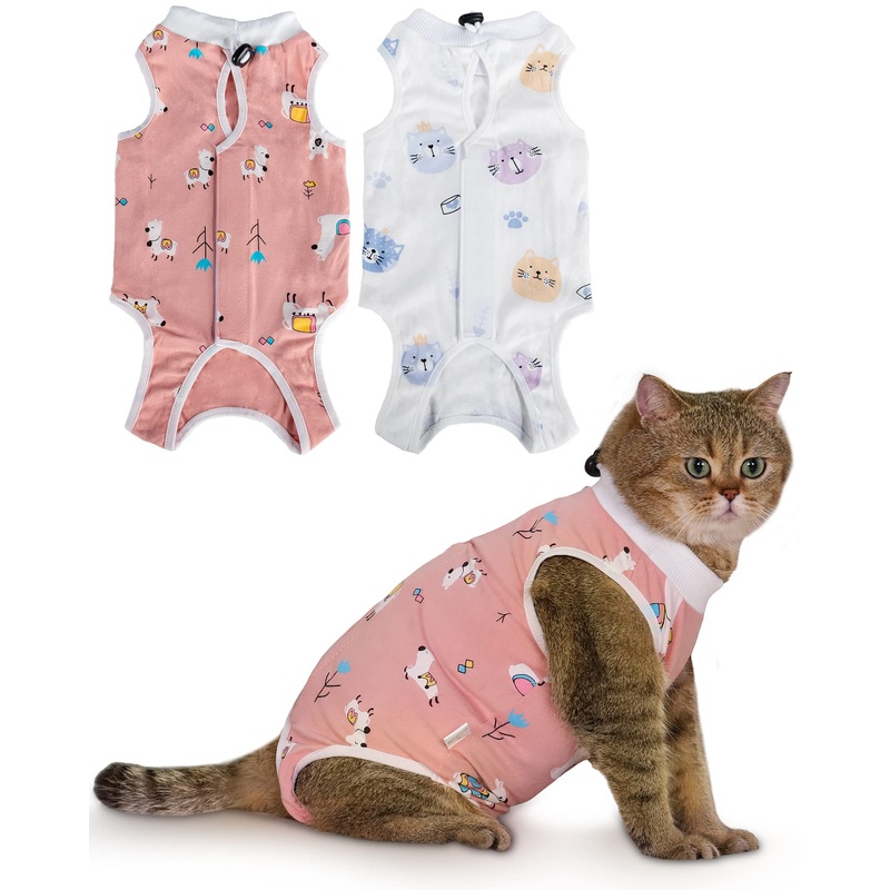 ANWA 2 Pack Cat Recovery Suit – Breathable Cat Surgery Recovery Suit Female, Cat Onesie for Cats After Surgery, Cat Spay Recovery Suit Female Abdominal Wounds Alpaca + Kitten Medium