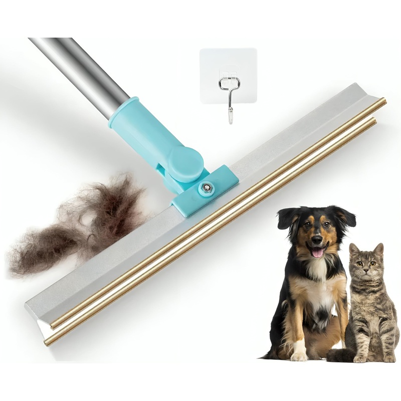 Carpet Rake for Pet Hair Removal with 180 Degree Rotation 54 Long Head and Hanging Hook – Easily Adjustable and Washable, for Quick Pet Hair Cleanup on Multiple Surface White, Blue