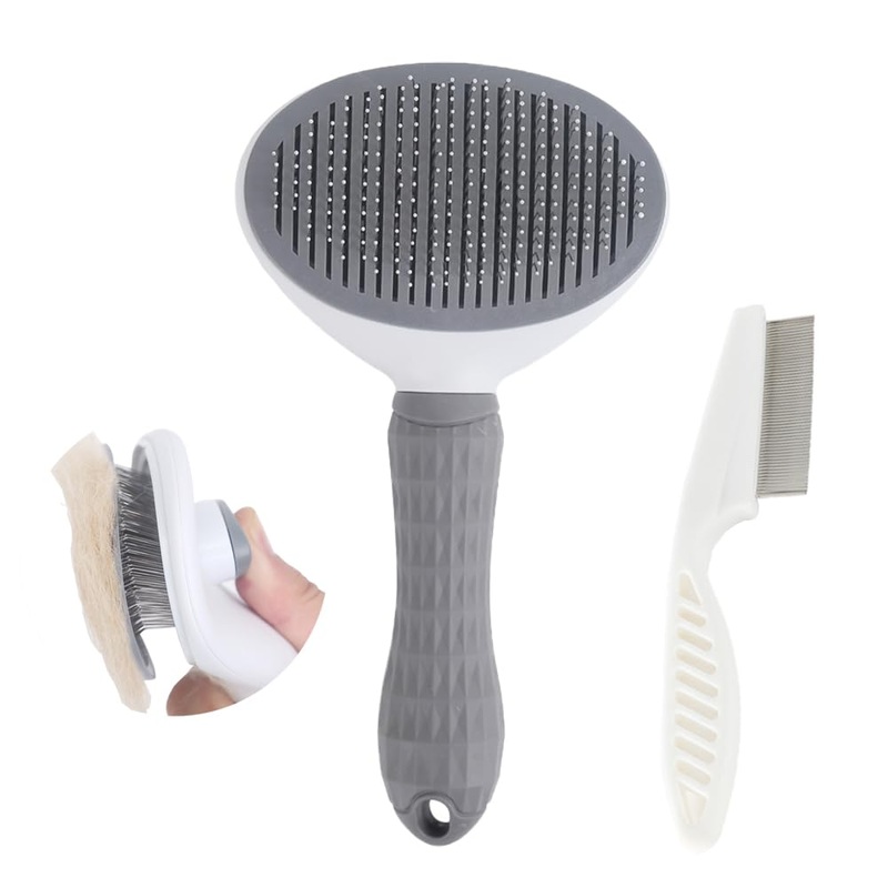 Cat Brush with Release Button, universal for cats and dogs, one click release, brush and flea comb combination setPet Hair Comb Tear Stay Removal, knotted skin floating hair tangled fleas (Grey) Grey