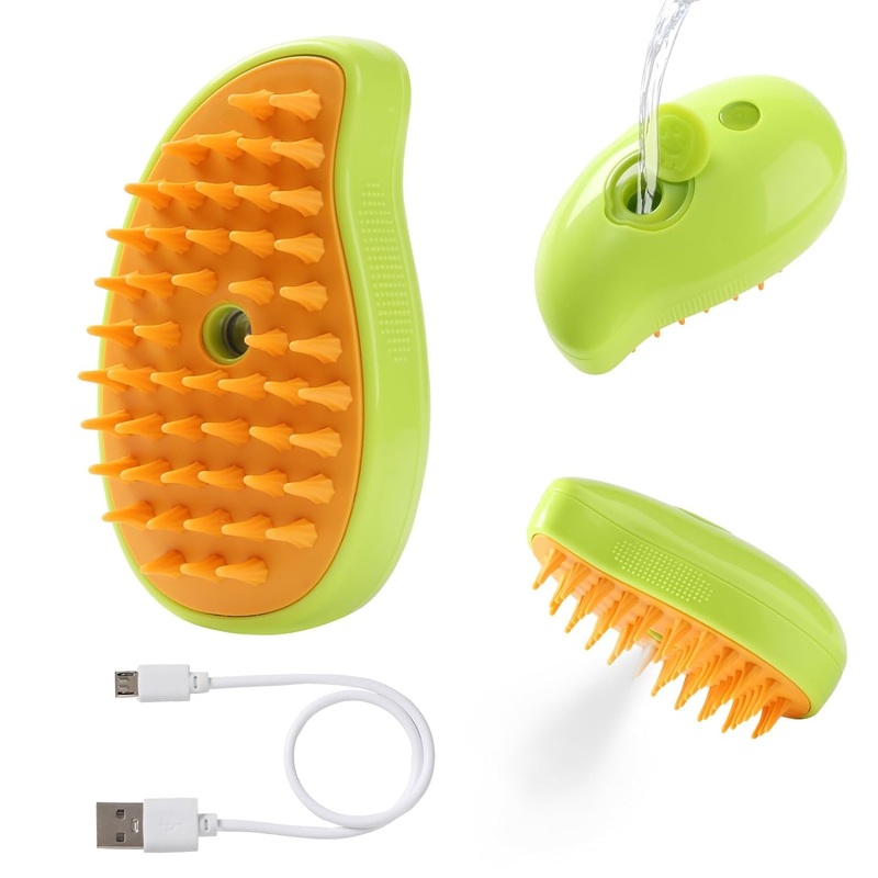 Cat Steam Brush for Cat and Dog Deshedding-Rechargeable 3-in-1 Cat Steam Grooming Brush Removes Shedding Fur and Stray Hairs, Cat Hair Steam Brush for Massage, Spritz Defur Comb for Cats (Green) Green