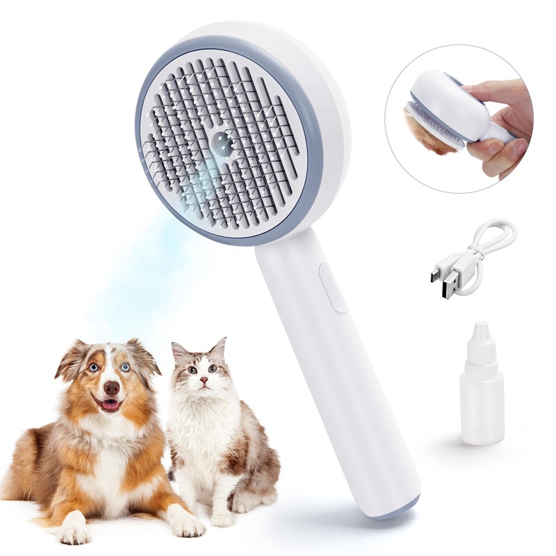 Cat Steam Brush, Self-cleaning Steam Brush for Cat with 30ml Tank, Anti-static Pet Steam Brush for Loose Hair Cat, DogWhite