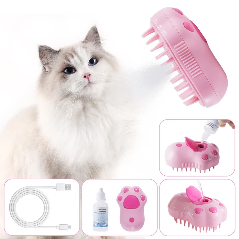 Cat Steam Brush – Self Cleaning Steamy Massage Brush for Indoor Cats, Removing Shedding, Tangled and Loose Hair – Cat Paw Model pink