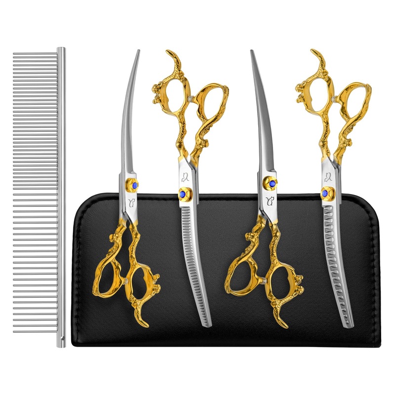 Dog Grooming Scissors,Curved Scissors with Safety Round Tips,Sharp and Durable Gold dragon 5 in 1 Dog Scissors for Grooming
