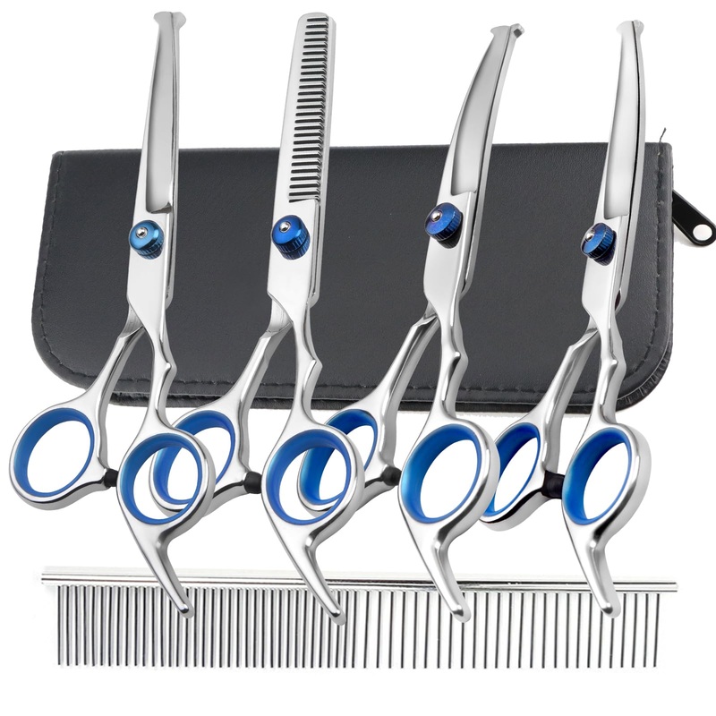 Dog Grooming Scissors Kit Professional Dog Scissors for grooming with Safety Round Tip 6 in 1 4CR Coated Stainless Steel Heavy Duty Thinning Curved Pet Shears Set for Dogs Cats Other Animals at home 6 in 1 Dog Grooming Scissors Set