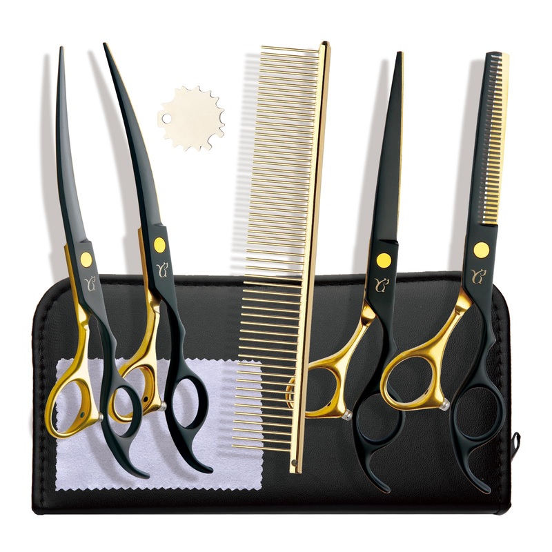 Dog Grooming ScissorsPaint Coated Curved Thinning Scissors with Safety Round Tips, Sharp and Durable 5 in 1 Dog Scissors for Grooming
