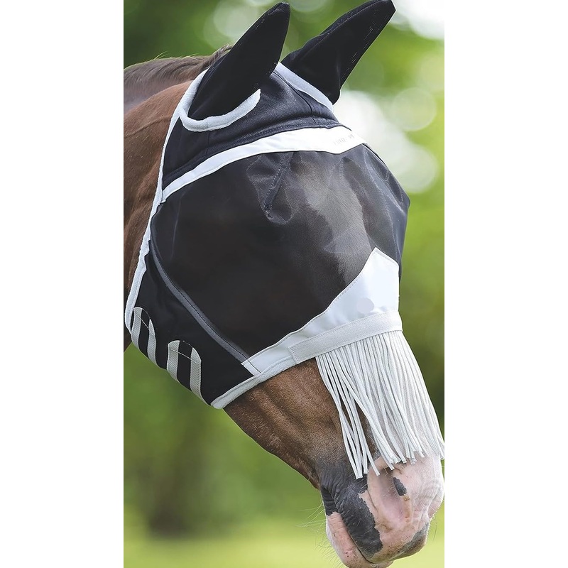 Fine Mesh Horse Equine Fly Mask with Ears & Nose Fringe UV Protection Black (Full Horse)