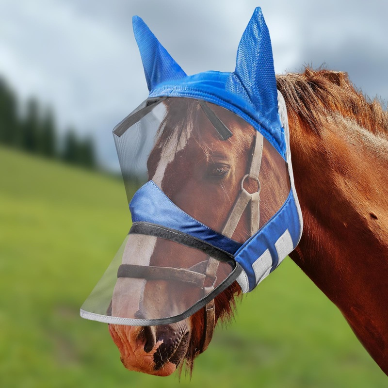 Horse Fly Mask,Horse Fly Mask with Nose,Masks for Horses with Ears,Ear Bonnet for Horses,Donkey Mask Fabric with Purple Line Protection Soft Mesh for Horse Summer (Blue, L) Blue