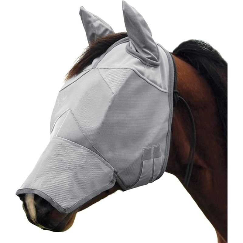 Horse Fly Mask with Ears and Long Nose, Elasticity Fly Mask UV Protection for Horse, Grey