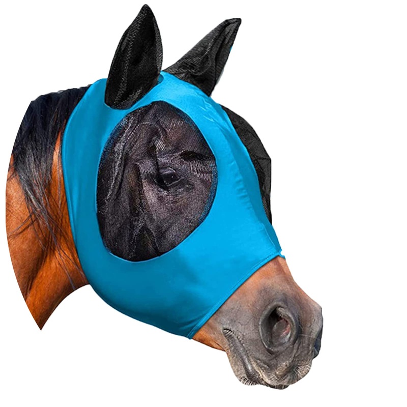 Horse Fly Mask with Ears Super Comfort Horse Elasticity Breathable Fabric with UV Protection Soft Mesh Quiet Ride Elasticity Fly Mask for Horses Like -Blue