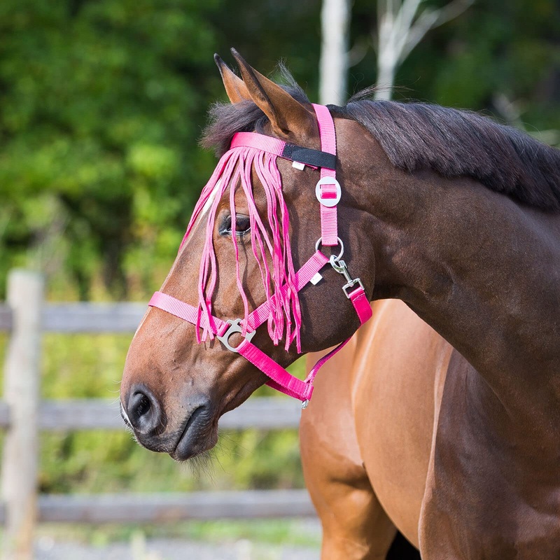 HORZE Lightweight Nylon Fringe Fly Veil | Easily Attaches to Halter – Raspberry Pink – Horse