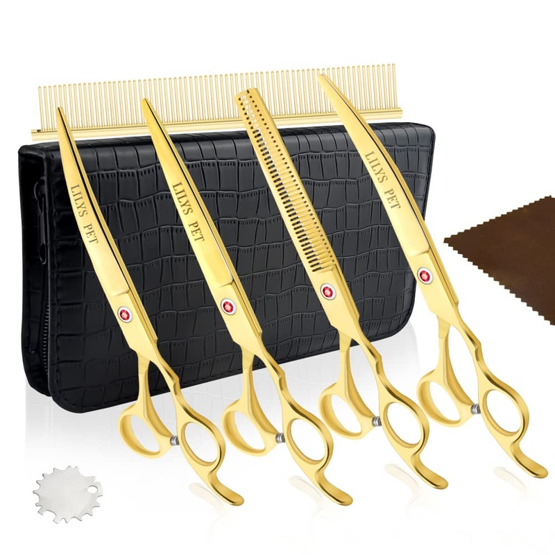 LILYS PET Professional PET DOG Grooming Coated Titanium scissors suit Cutting&Curved&Thinning shears (7.0 inches, Gold) 7.0 inches