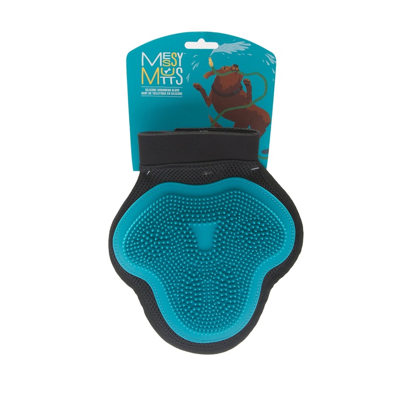 Messy Mutts Reversible Silicone Pet Grooming Glove | Gentle Massage, Brush, Bath and Dog Hair Removal Mitt | One Size Fits All | Blue