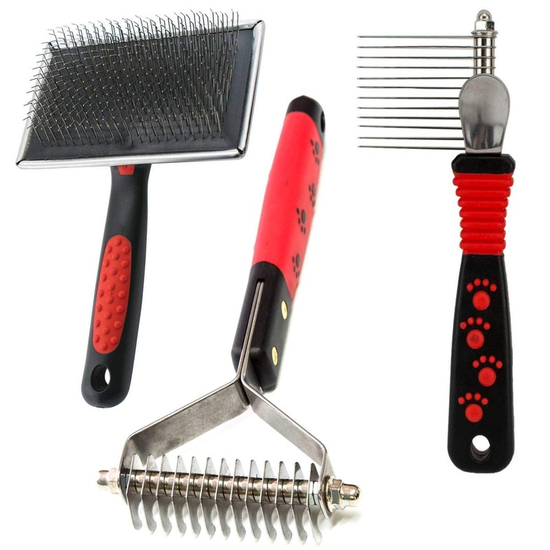 Paw Brothers Stainless Steel Large Slicker Brush, 13-Blade Undercoat Rake and 12-Blade Dematting Tool Bundle