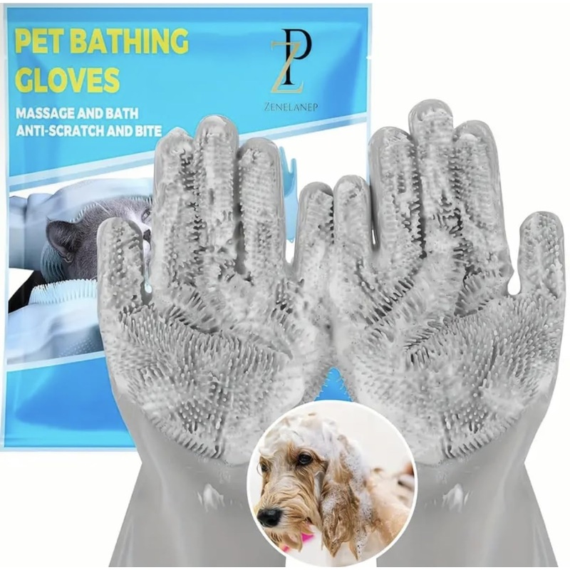 Pet Bathing Gloves, Massage and Bath Anti-Scratch and Bite, Grey, Blue