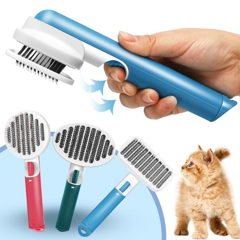 Pet comb automatic fading comb cat grooming self-cleaning massage comb to remove floating hair dead hair one-touch de-shedding comb (orbicular, Green) orbicular