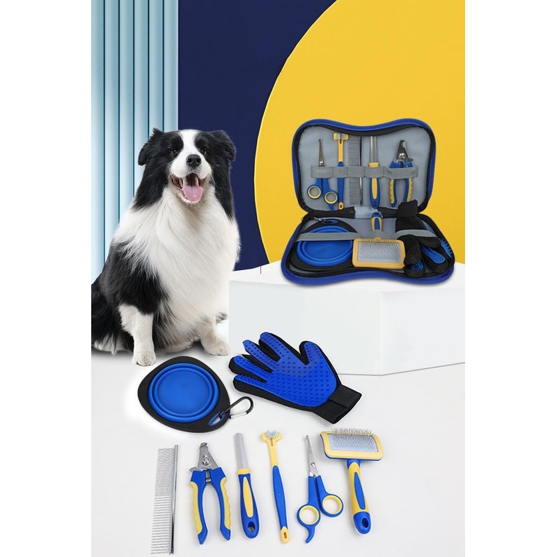 TSINGS Pet Grooming Tools 8-Piece Kit with Hair Comb, Steel Comb, Nail Clipper, File, Hair Clipper, Toothbrush, Bowl and Hair Removal Gloves