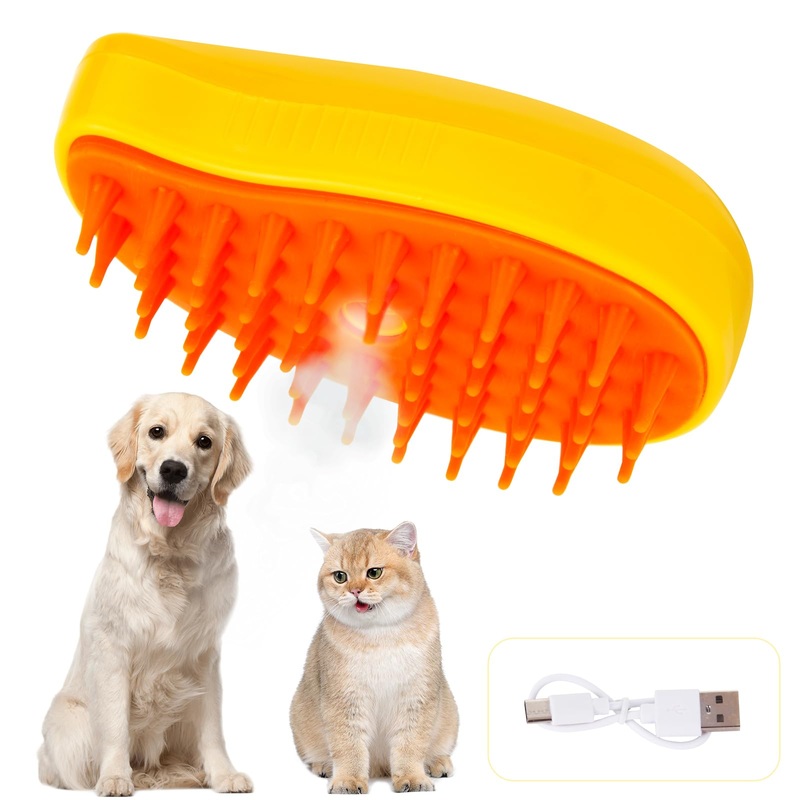 3 in 1 Steam Brush for Indoor Pets – Cat Hair Cleaning and Massage Brush Comb for Cats and Dogs (Yellow) Yellow