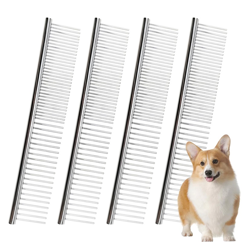 4 PACK Pet Steel Comb with Rounded Ends Stainless Steel Teeth, Rounded Teeth Pet Steel Combs, Rustproof Stainless Steel Combs, Cat Comb, Pet Dematting & Deshedding Brush, Pet Grooming Combs