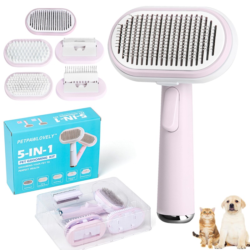 5 IN 1 Pet Grooming Brush Kit,Dog&Cat Self Cleaning Slicker Brush for Shedding.Dematting&Deshedding Dog Brush,Dog Hair Brush,Suitable for Small&Large,Long&Short Haired Pets.(Pink) Pink