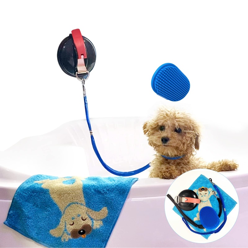 5 pcs Pet Grooming Kit – Suction Tether with Adjustable Collar, Soft Brush, Towel, and Bathing Strap for Dog/Cat Shower and Grooming Suction Cup and Leash