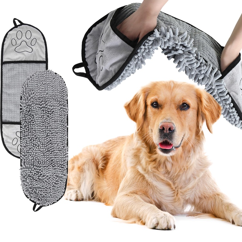 Absorbent Dog Towel, Microfiber Quick Drying Towel, Dog Bath Towel for Puppies, Super Absorbent Machine Washable Pet Towel with Hand Pocket, 9 x 23 inches (Gray)
