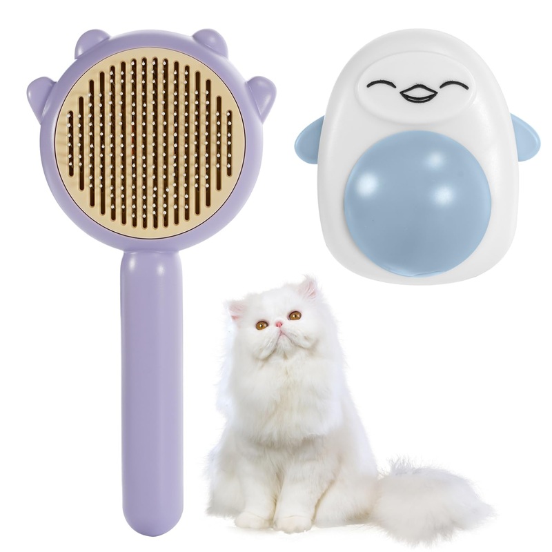 Cat Hair Cleaner Brush and Catnip Toys, Cat Grooming Brush with Self-Cleaning Button, Catnip Ball for Cats Wall, Pet Massage Brushes for Kitten Puppy Massage Purple